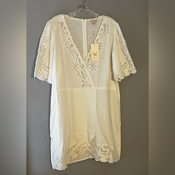 Secret Mission Linen Blend Lavinia Embroidered Scallop Hem Mini Dress Size Large - Picture 3 of 7